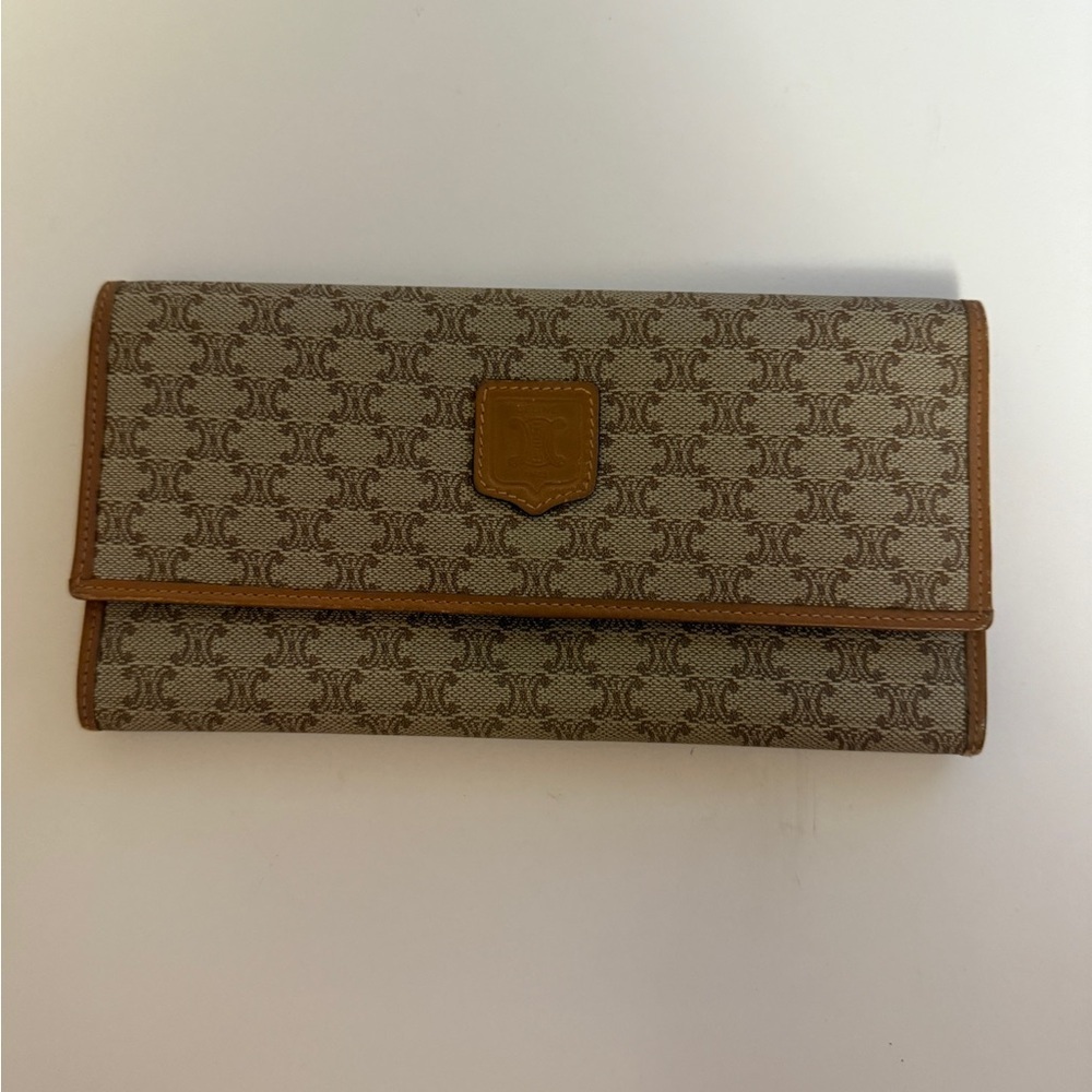 Celine Vintage Macadam Long Wallet Tan Canvas Leather Trim Made In Italy